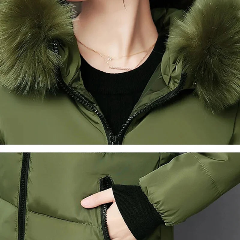 Parka Invierno Cuello Pelo Capucha - Abrigo Largo Cálido Elegante Mujer