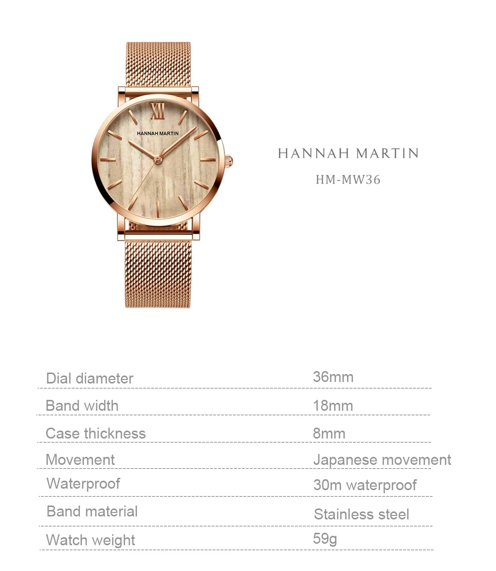 Reloj HANNAH MARTIN Rose Gold 36mm - Acero Inoxidable Cuarzo Japonés Mujer