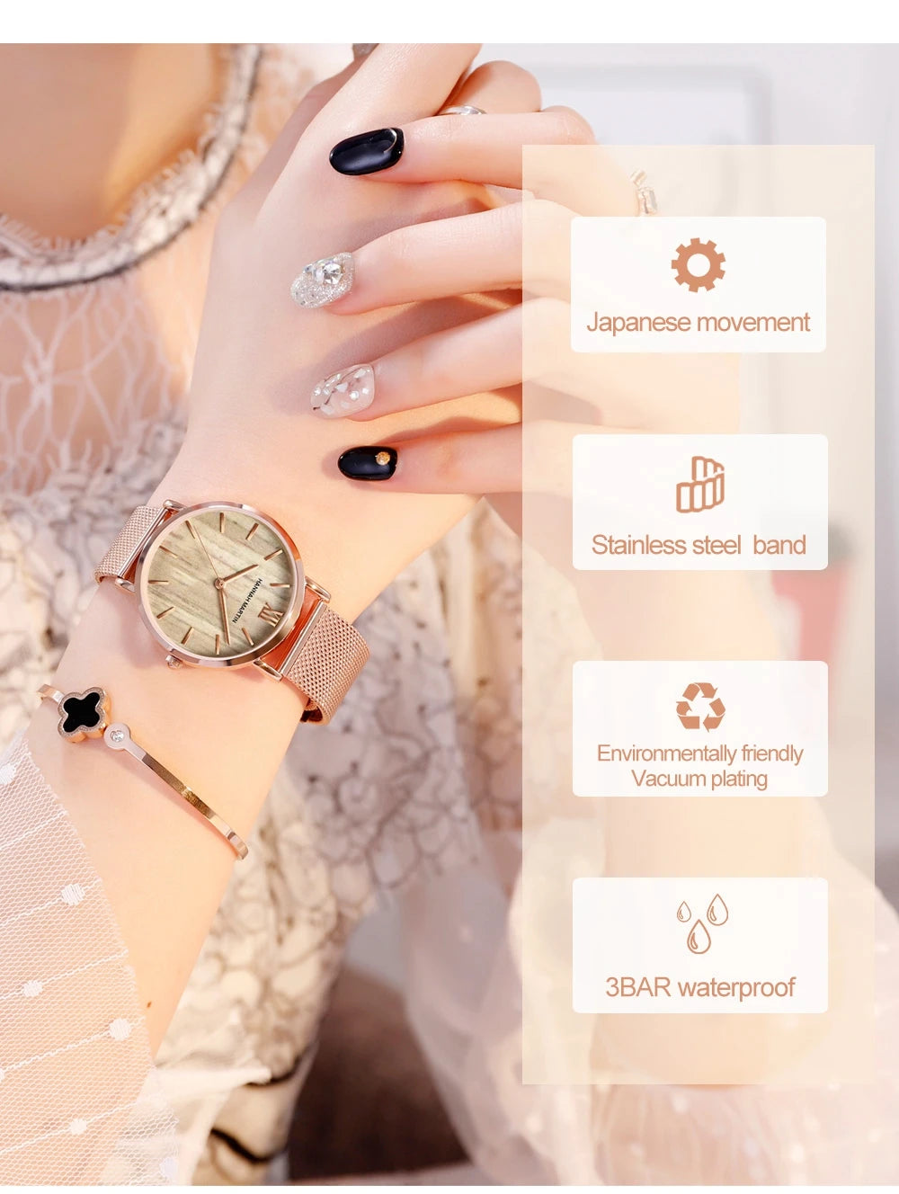 Reloj HANNAH MARTIN Rose Gold 36mm - Acero Inoxidable Cuarzo Japonés Mujer