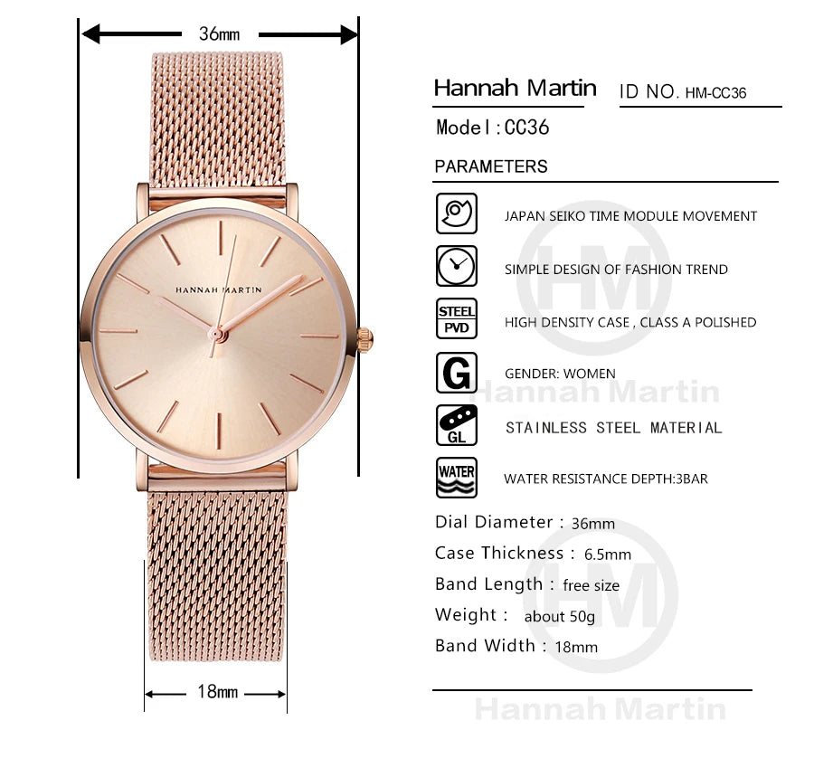 Reloj HANNAH MARTIN Rose Gold 36mm - Acero Inoxidable Cuarzo Japonés Mujer