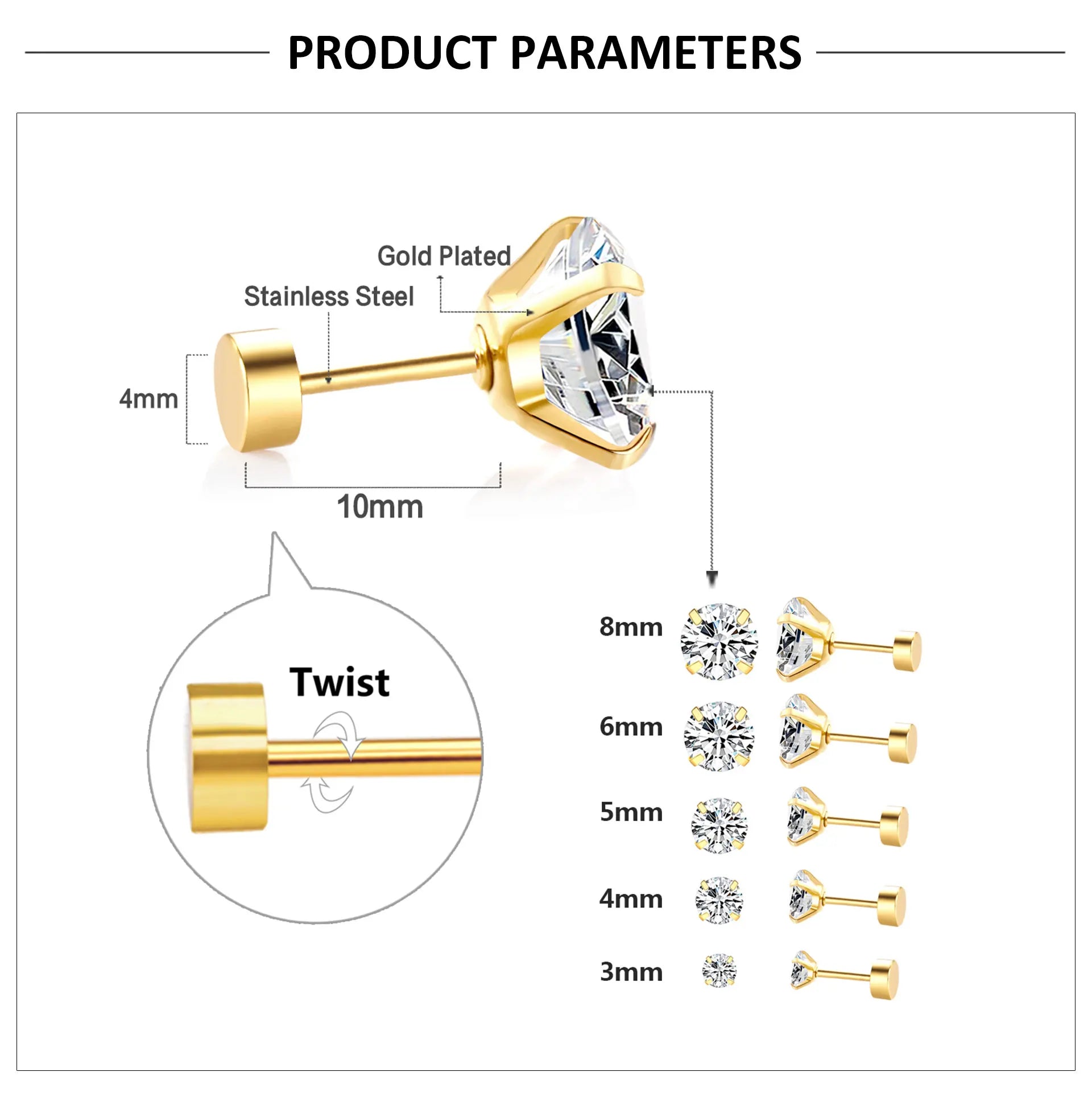 Pendientes Acero Inoxidable Cristal Zirconia - Stud Redondos Tragus Unisex