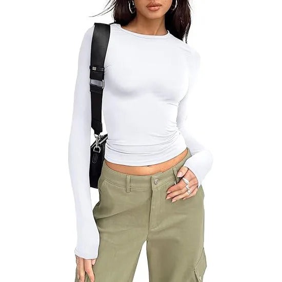 Camiseta Manga Larga Crop Top - Cuello Redondo Ajustada Streetwear Mujer