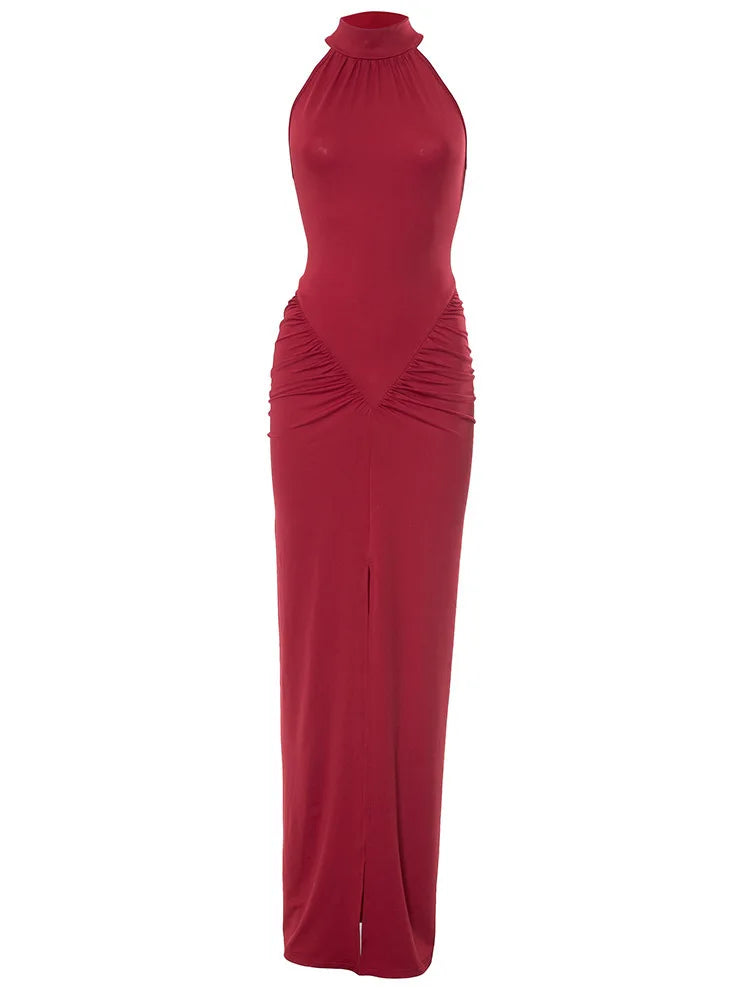 Mozision Halter Ruched Sleeveless Sexy Maxi Dress Women Gown Fashion Slim High Waist Evening Club Party Split Long Dress