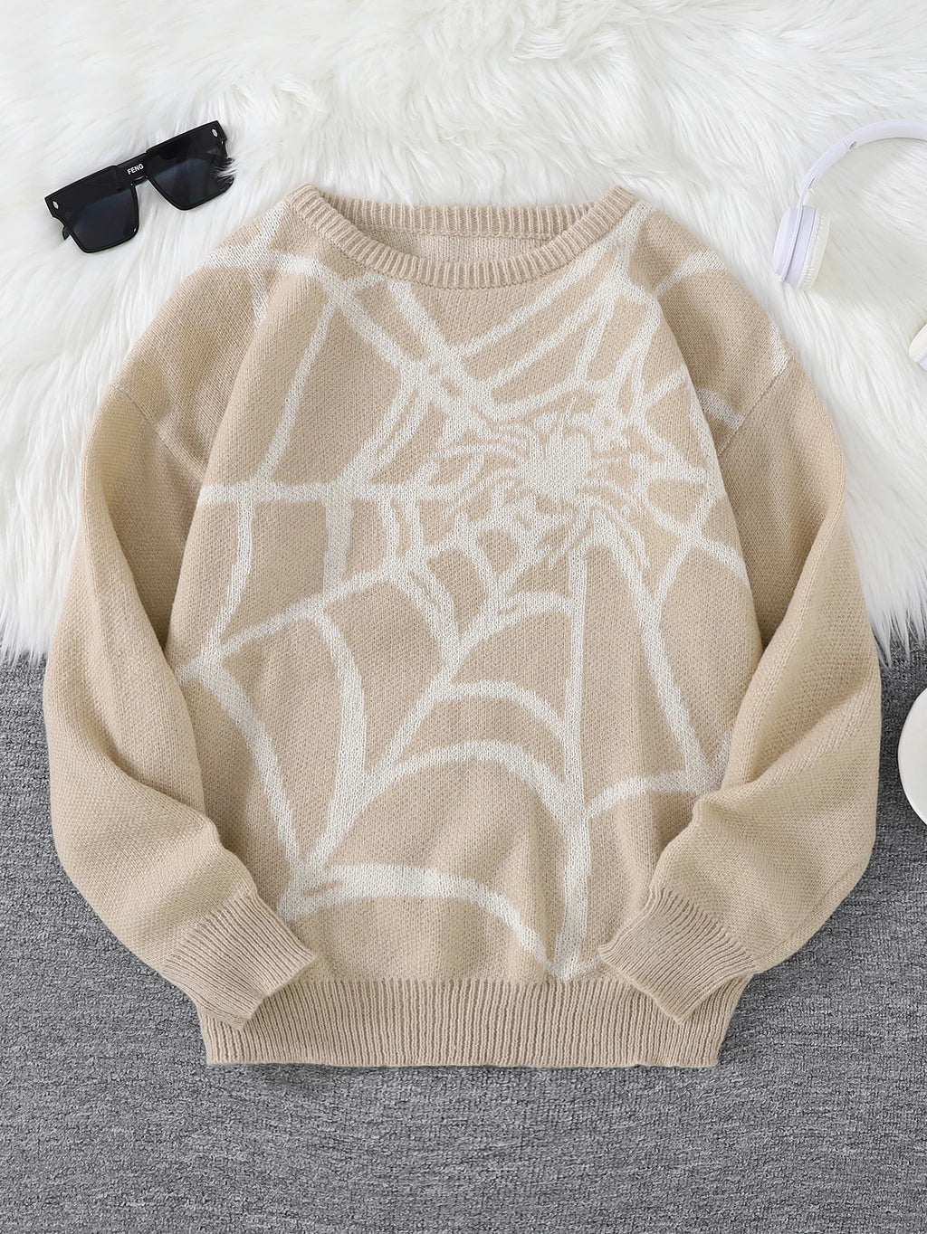 Suéter con Patrón Spider Web Jacquard - Cuello Redondo Hombre