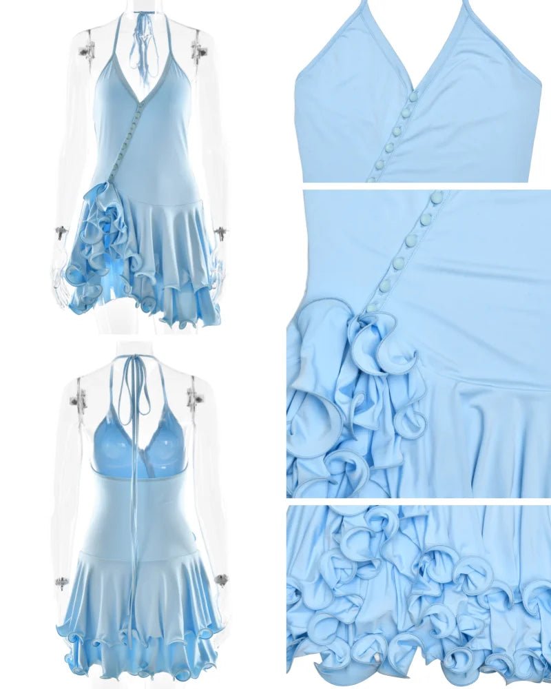 Vestido Mini Línea A con Volantes - Escote en V y Manga Larga