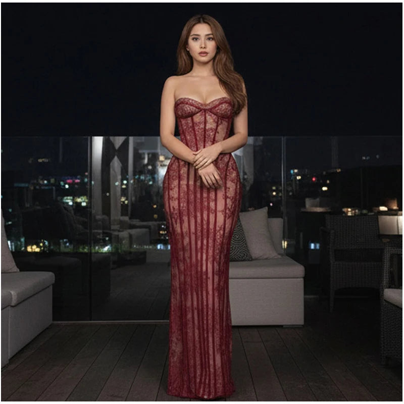 Vestido Maxi con Corsé de Gasa - Sin Tirantes