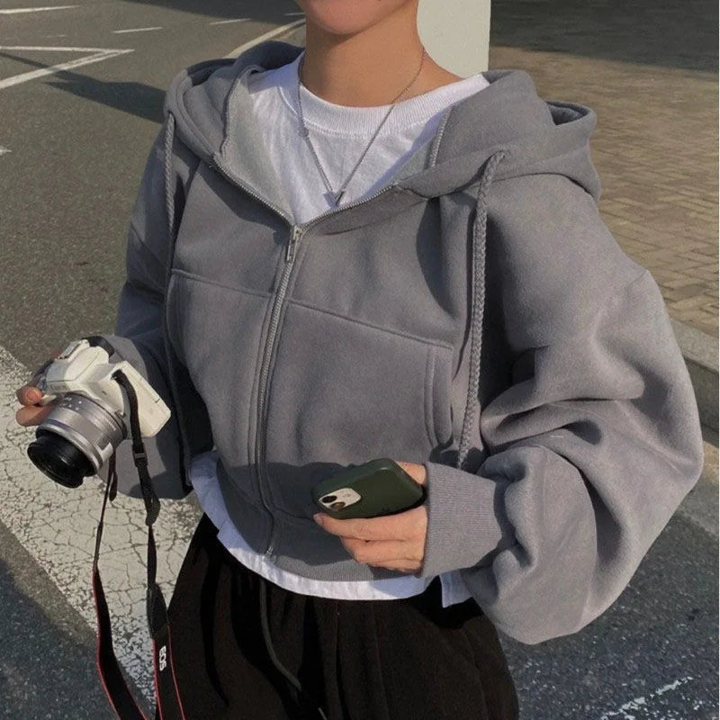 Sudadera con Capucha Crop - Cremallera y Manga Larga