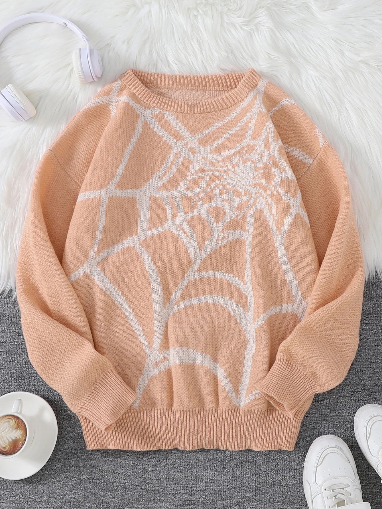 Suéter con Patrón Spider Web Jacquard - Cuello Redondo Hombre