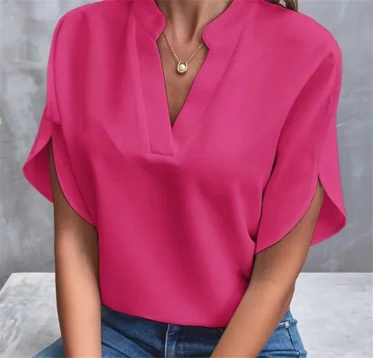 Camisa Verano Cuello V Manga Corta - Blusa Holgada Casual Mujer