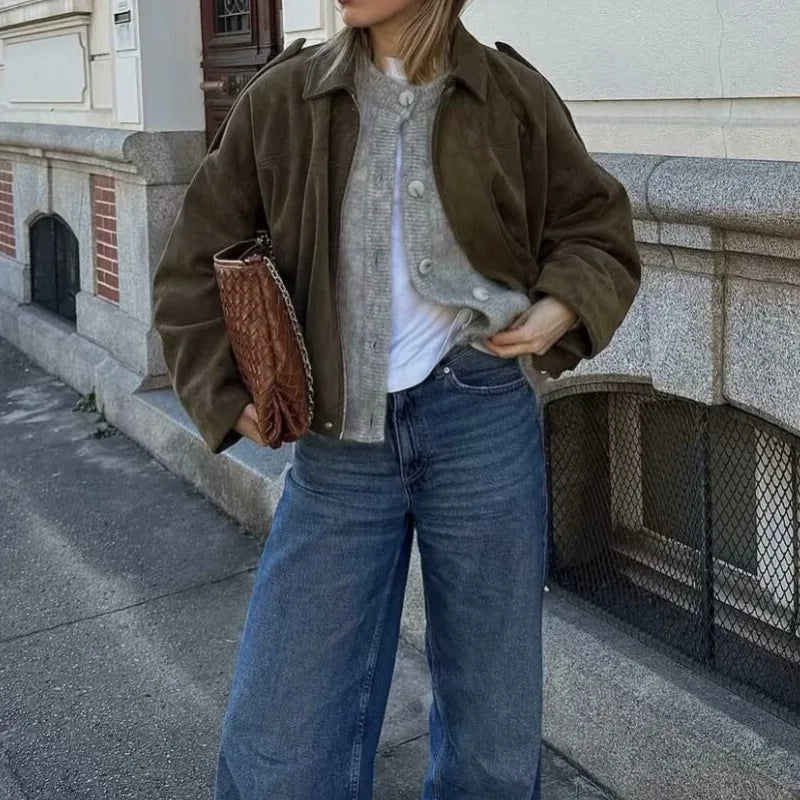 Chaqueta Suede Retro con Cremallera - Estilo Street Fashion Mujer