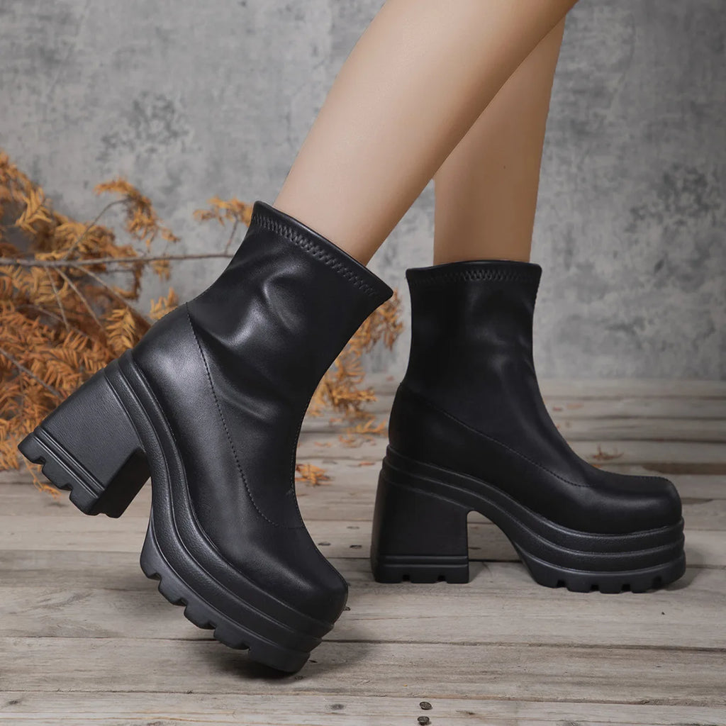 Botines Mujer Tacón Cuadrado Alto - Punta Cuadrada Cremallera Suela Gruesa