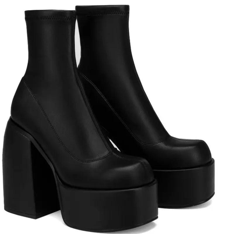 Botines Mujer Tacón Cuadrado Alto - Punta Cuadrada Cremallera Suela Gruesa