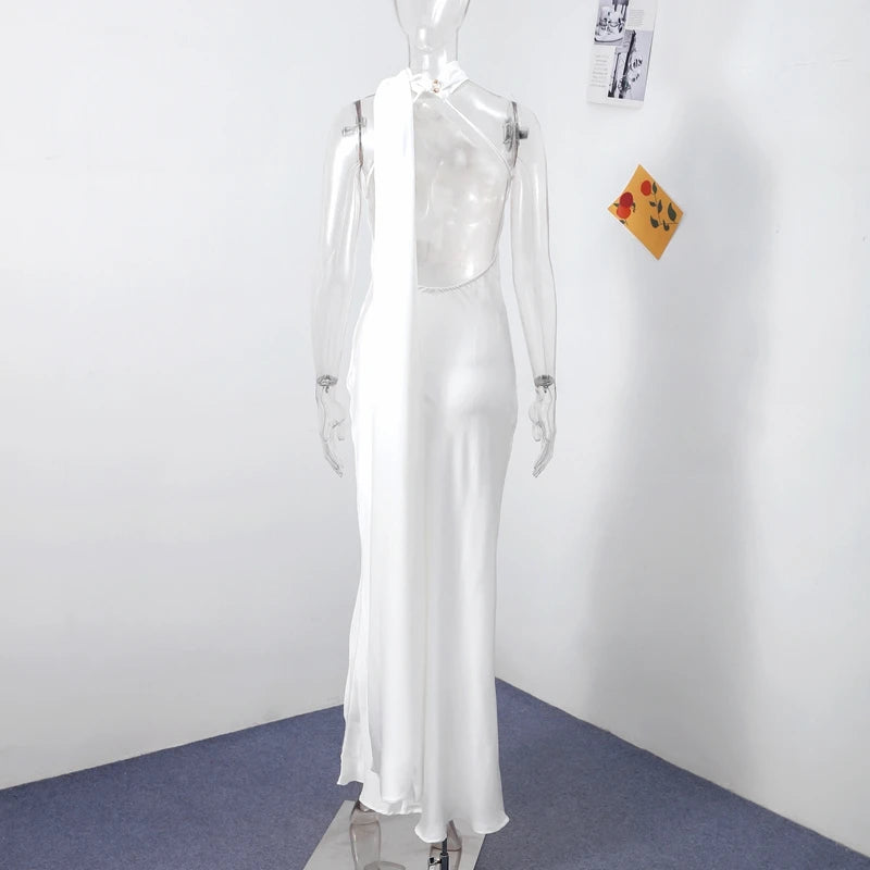 Vestido de Satén con Lazos - Cuello Halter y Espalda Descubierta