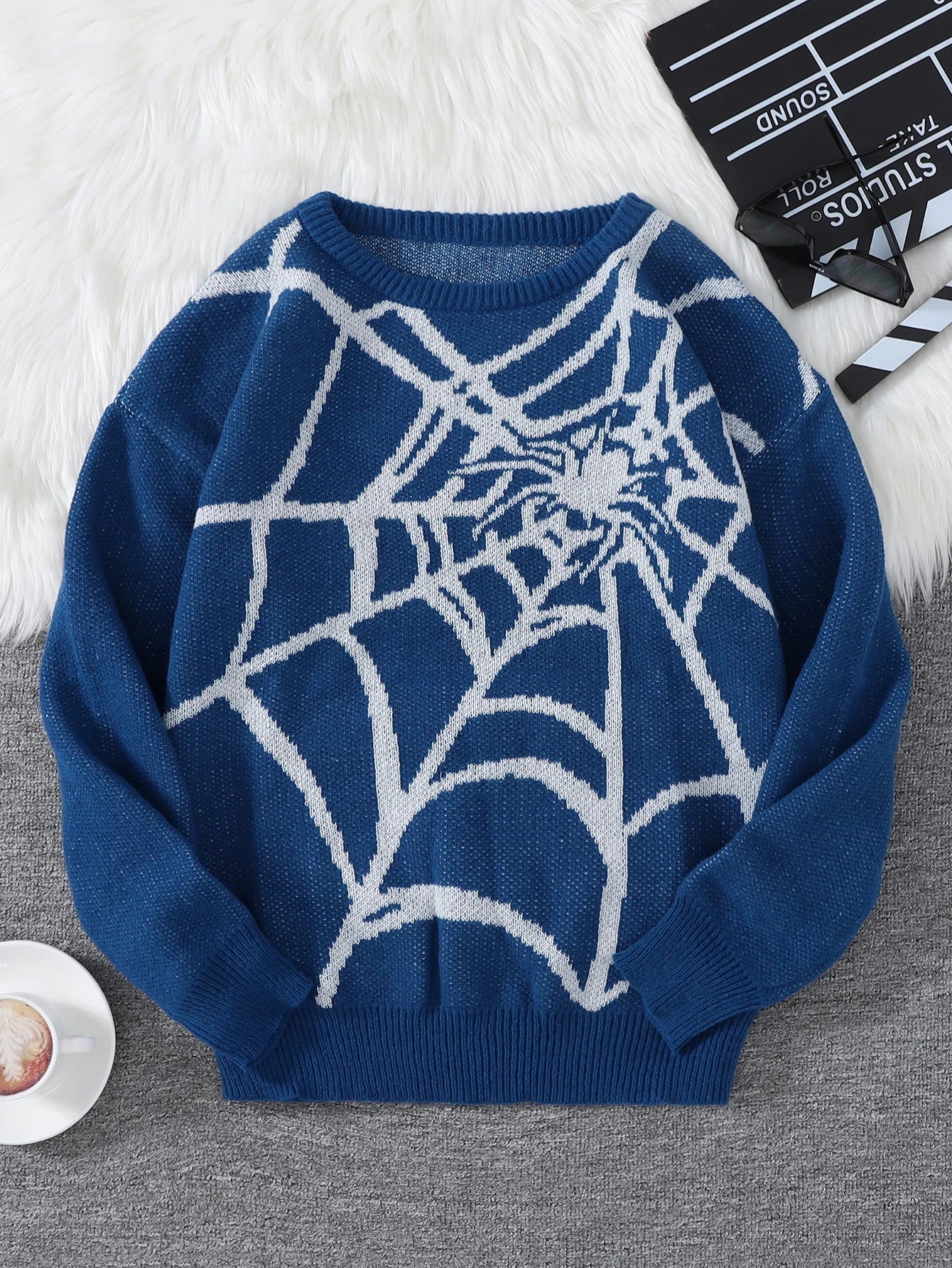 Suéter con Patrón Spider Web Jacquard - Cuello Redondo Hombre