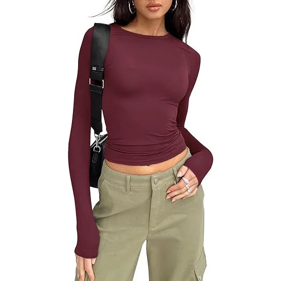 Camiseta Manga Larga Crop Top - Cuello Redondo Ajustada Streetwear Mujer