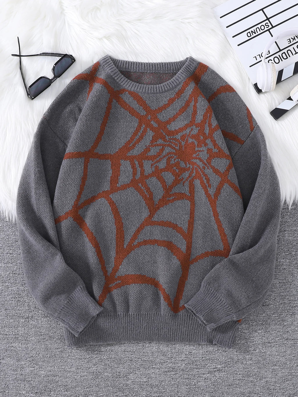 Suéter con Patrón Spider Web Jacquard - Cuello Redondo Hombre