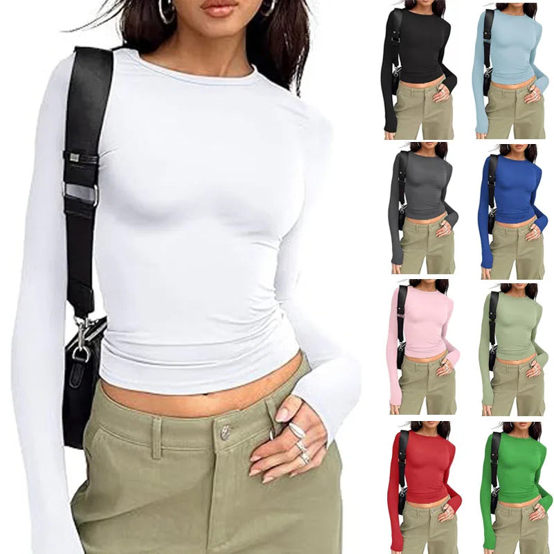 Camiseta Manga Larga Crop Top - Cuello Redondo Ajustada Streetwear Mujer