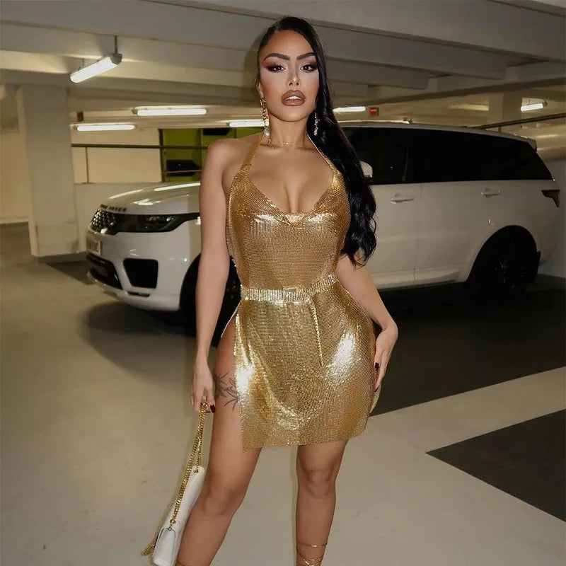 Vestido Corto de Fiesta con Lentejuelas - Cuello Halter