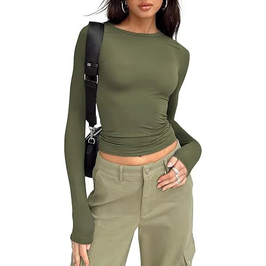 Camiseta Manga Larga Crop Top - Cuello Redondo Ajustada Streetwear Mujer
