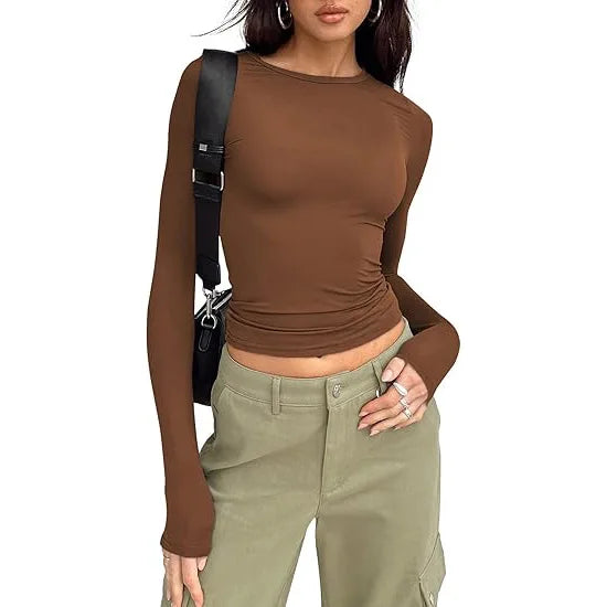 Camiseta Manga Larga Crop Top - Cuello Redondo Ajustada Streetwear Mujer