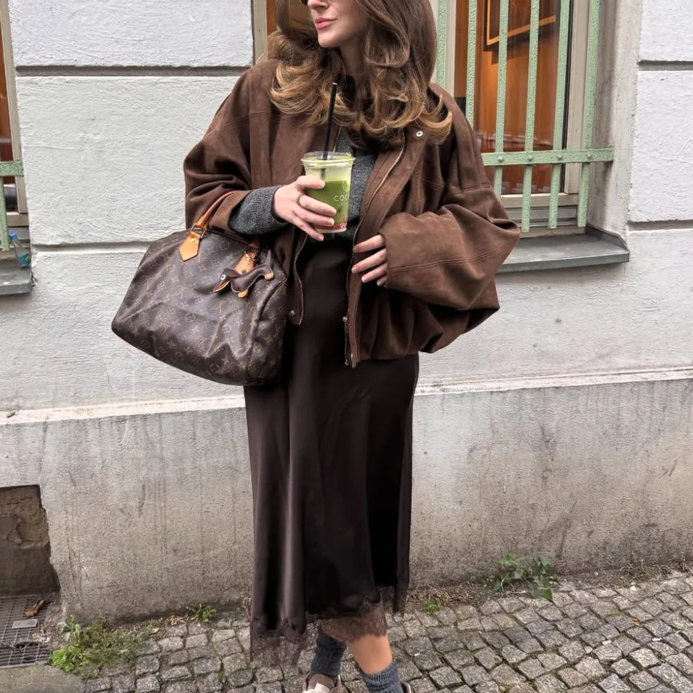 Chaqueta Suede Retro con Cremallera - Estilo Street Fashion Mujer