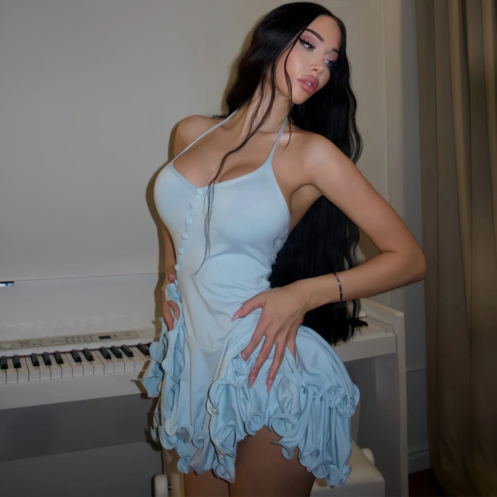 Vestido Mini Línea A con Volantes - Escote en V y Manga Larga