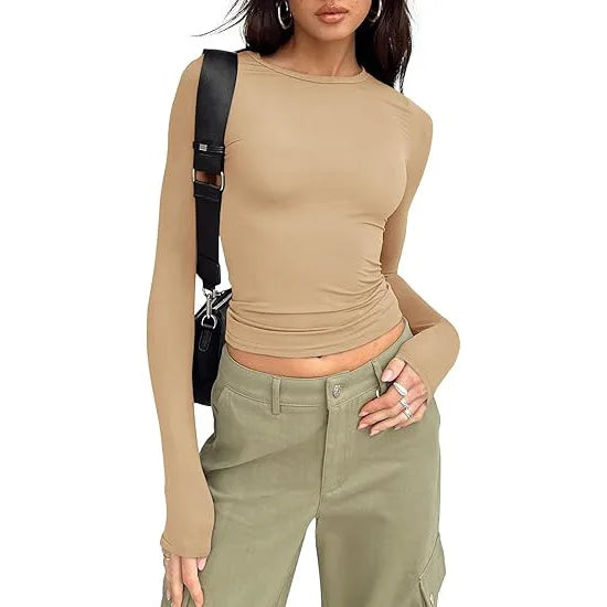 Camiseta Manga Larga Crop Top - Cuello Redondo Ajustada Streetwear Mujer