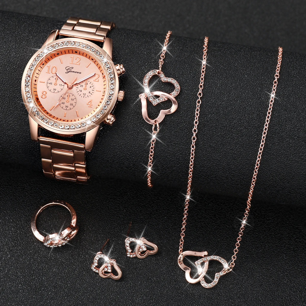 Set Reloj + Joyería 6 Piezas - Acero Inoxidable Rhinestone Corazón Mujer