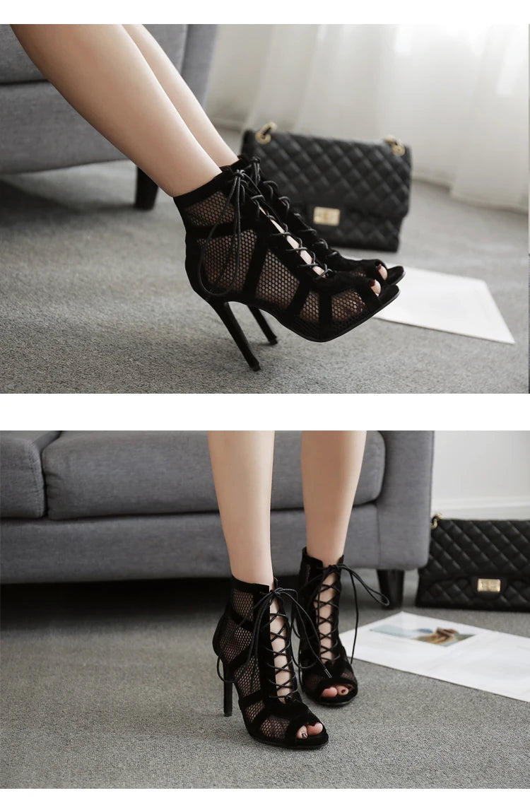 Sandalias Baile Cordones Cruzados - Tacón Fino Punta Abierta Sexy Mujer