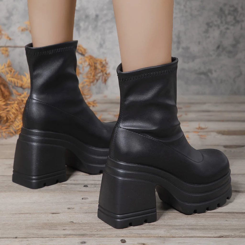 Botines Mujer Tacón Cuadrado Alto - Punta Cuadrada Cremallera Suela Gruesa