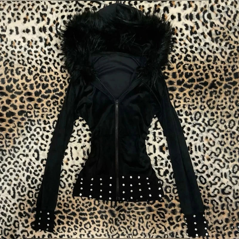 Sudadera con Cuello de Piel Sintética - Estilo Y2K Harajuku