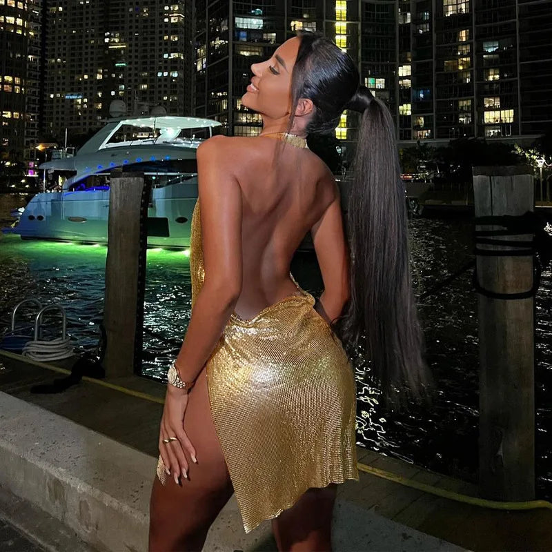 Vestido Corto de Fiesta con Lentejuelas - Cuello Halter