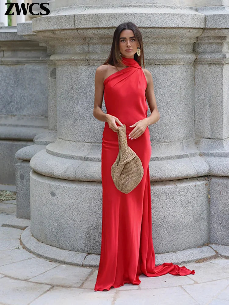 Vestido de Satén con Lazos - Cuello Halter y Espalda Descubierta