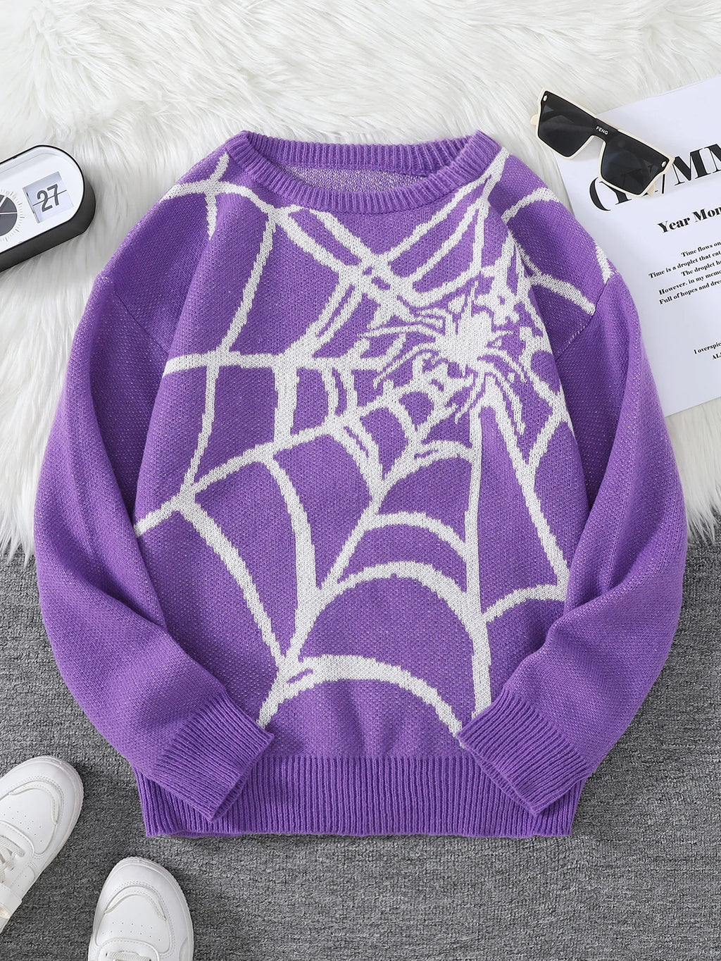 Suéter con Patrón Spider Web Jacquard - Cuello Redondo Hombre