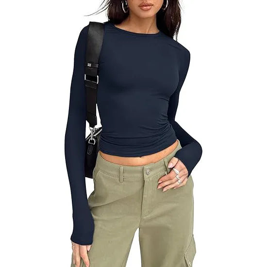 Camiseta Manga Larga Crop Top - Cuello Redondo Ajustada Streetwear Mujer