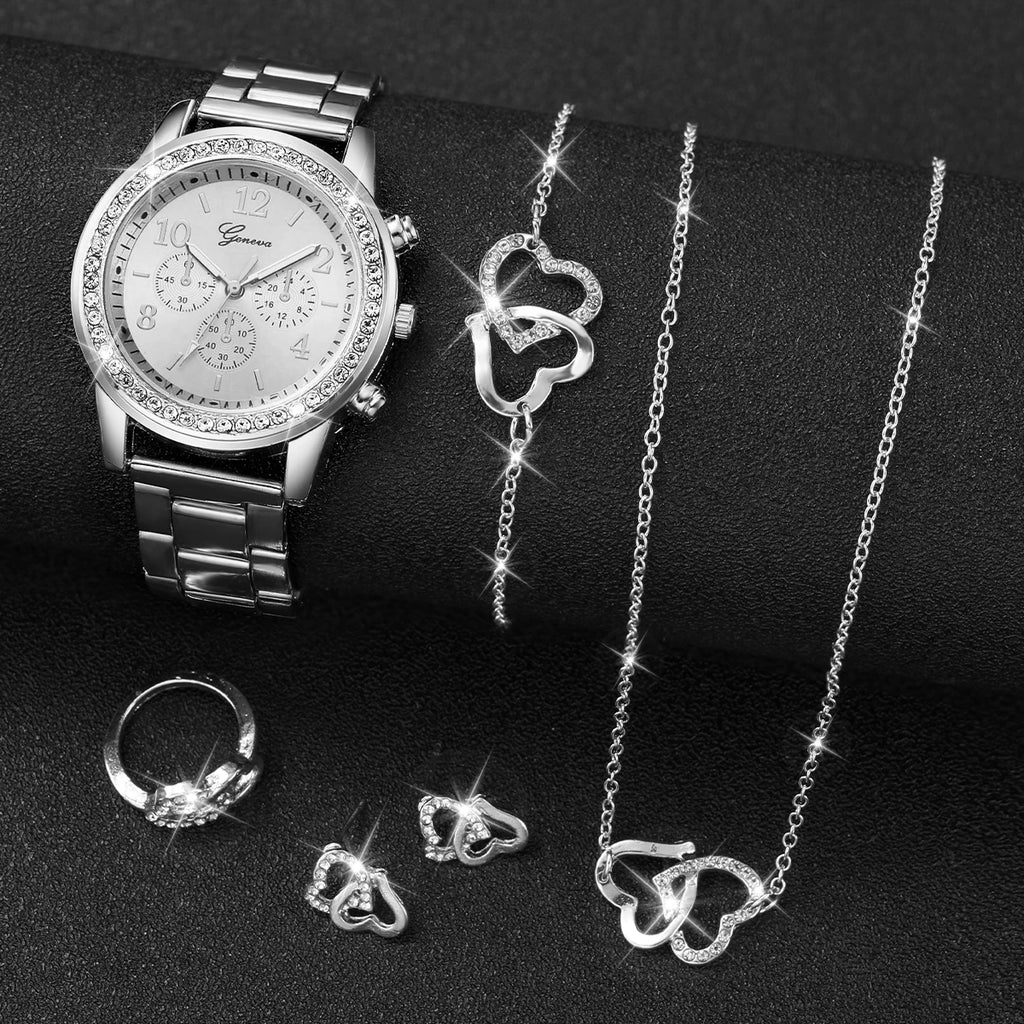 Set Reloj + Joyería 6 Piezas - Acero Inoxidable Rhinestone Corazón Mujer