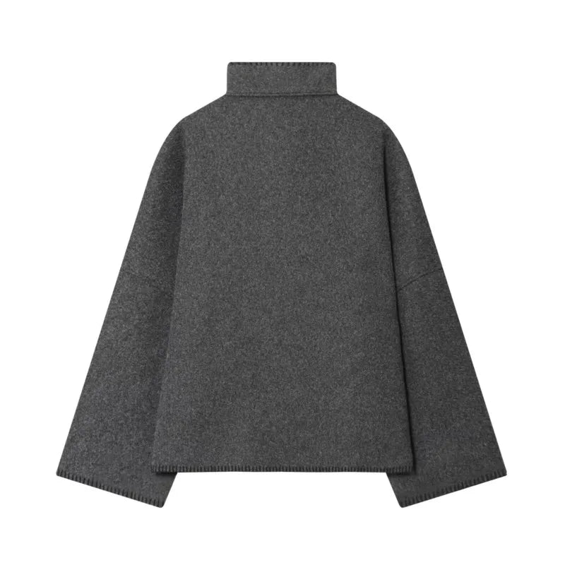 Women Faux Wool Jacket with Wide Shoulder Autumn Vintage High Neck Long Sleeve Button Lady Coats Causal Female Chic Tops