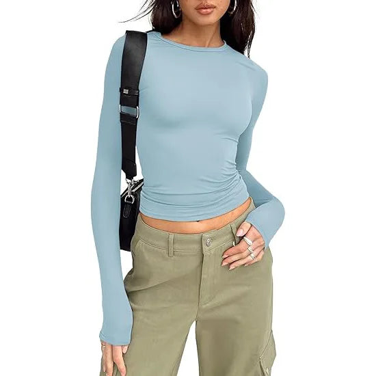 Camiseta Manga Larga Crop Top - Cuello Redondo Ajustada Streetwear Mujer