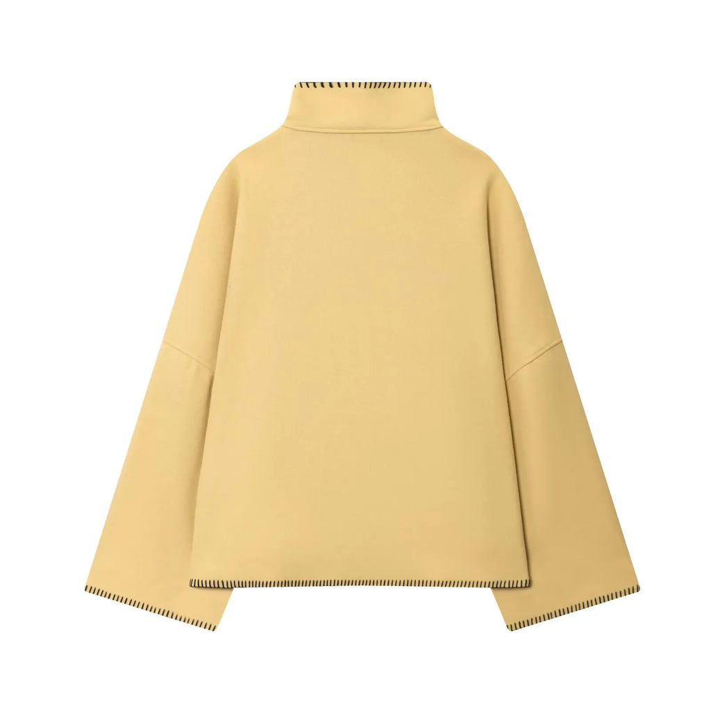 Women Faux Wool Jacket with Wide Shoulder Autumn Vintage High Neck Long Sleeve Button Lady Coats Causal Female Chic Tops