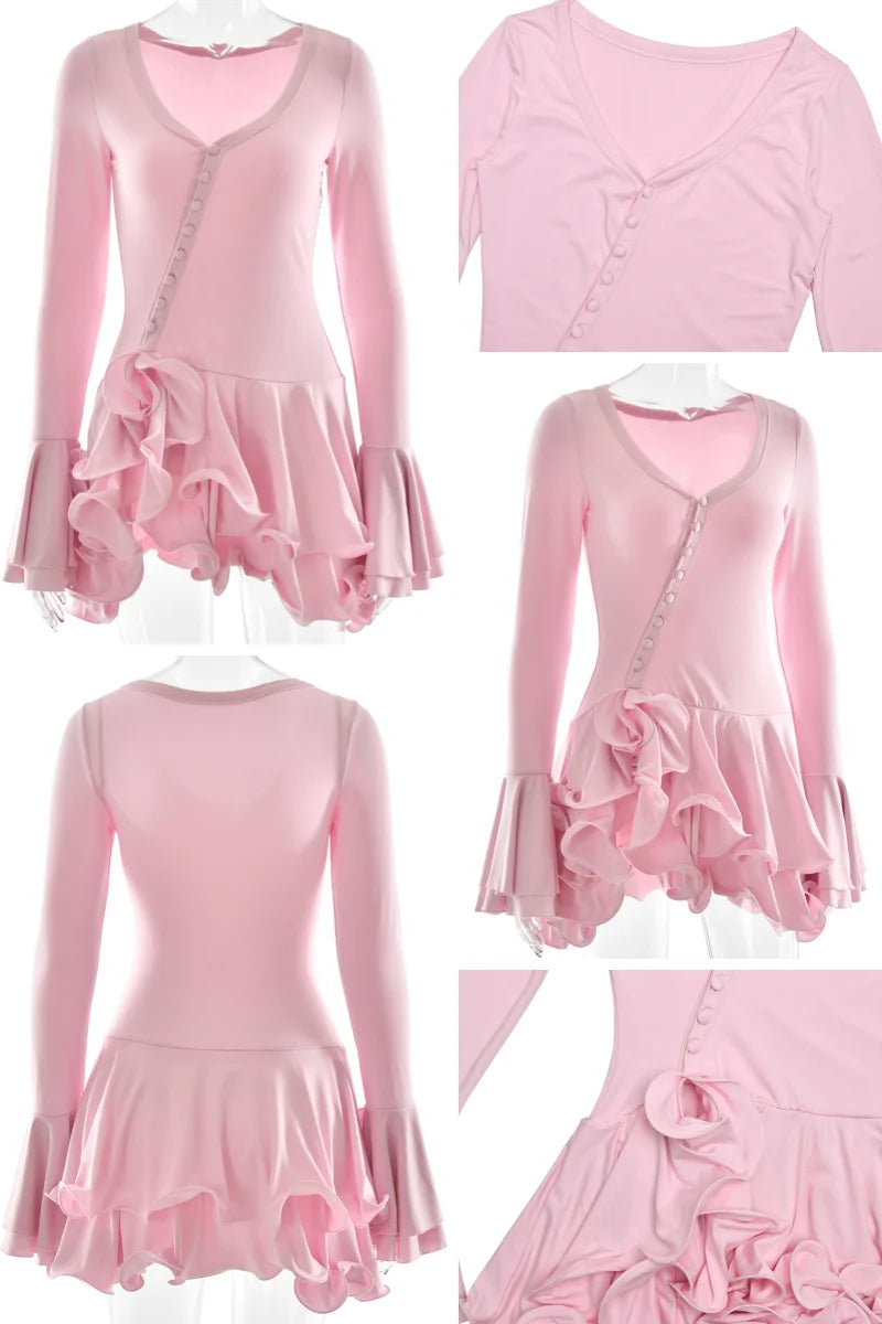 Vestido Mini Línea A con Volantes - Escote en V y Manga Larga