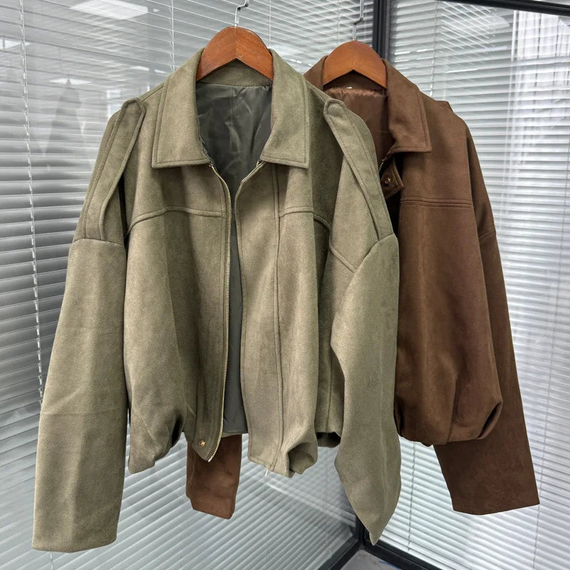 Chaqueta Suede Retro con Cremallera - Estilo Street Fashion Mujer