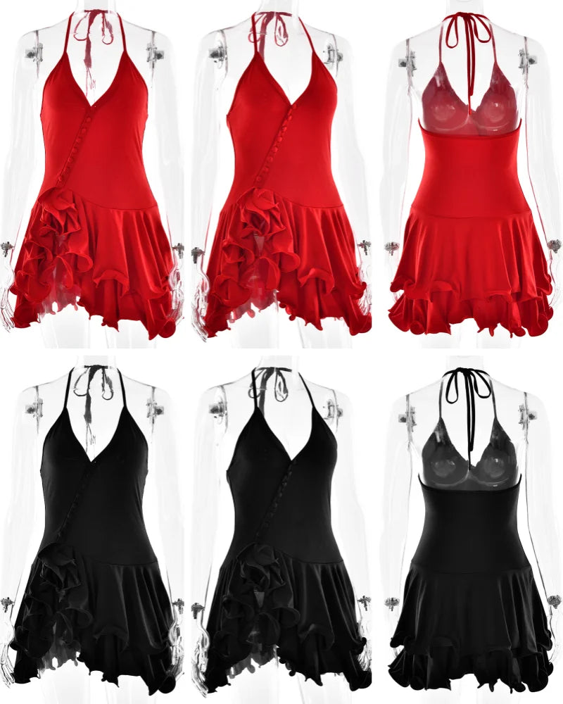 Vestido Mini Línea A con Volantes - Escote en V y Manga Larga