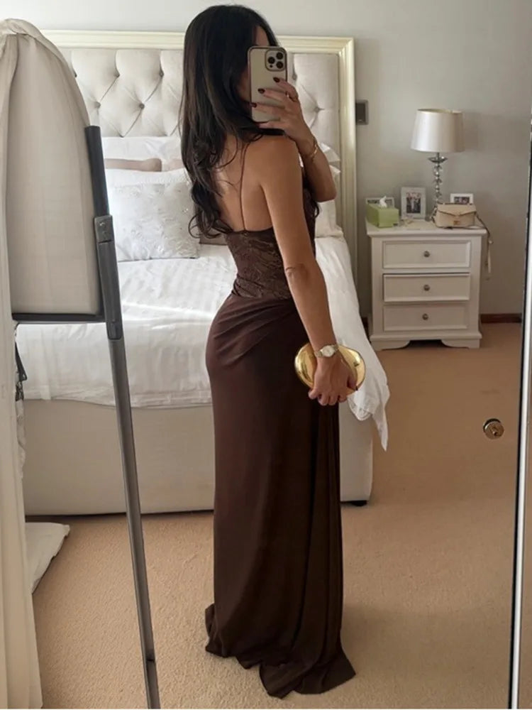 Vestido Maxi con Encaje Transparente - Un Hombro