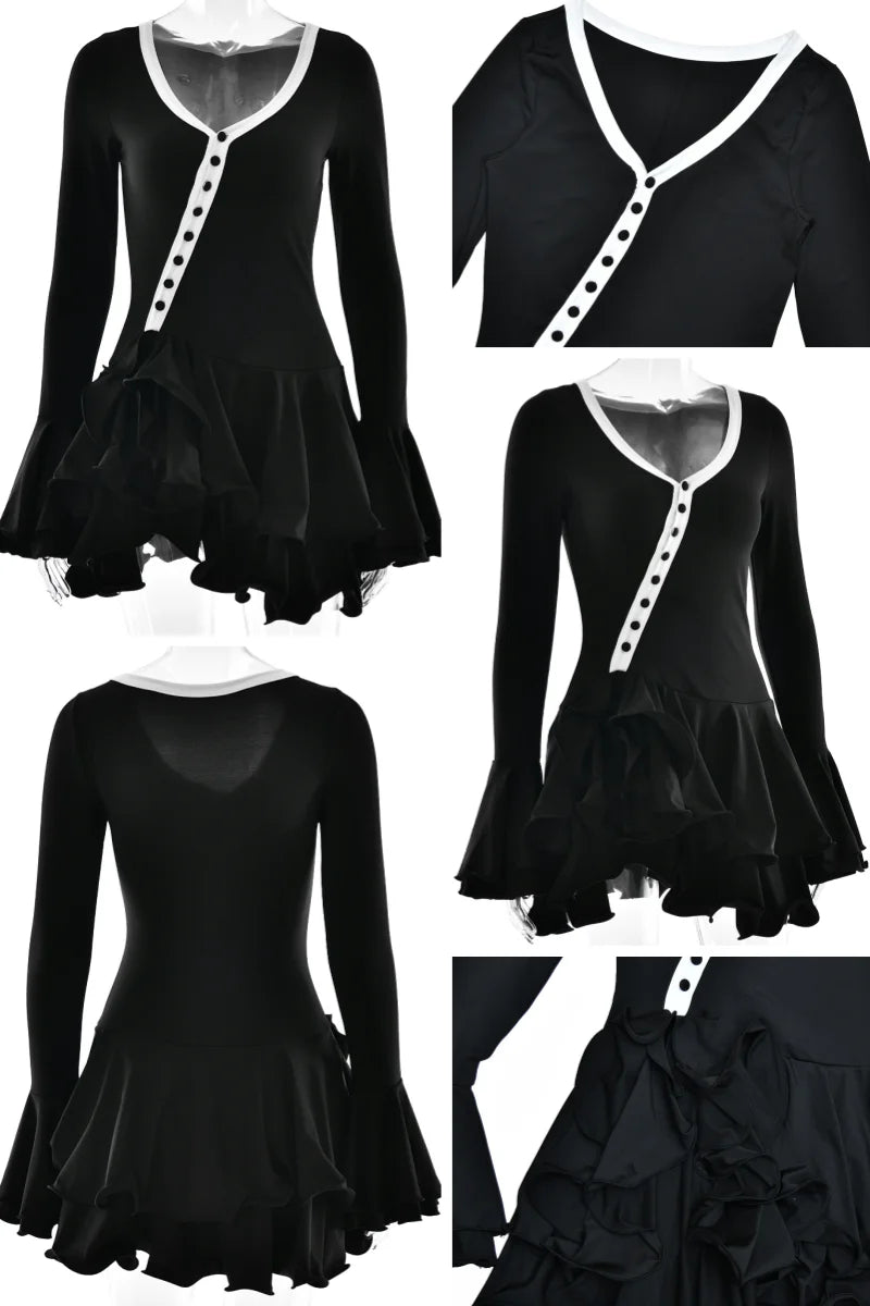 Vestido Mini Línea A con Volantes - Escote en V y Manga Larga