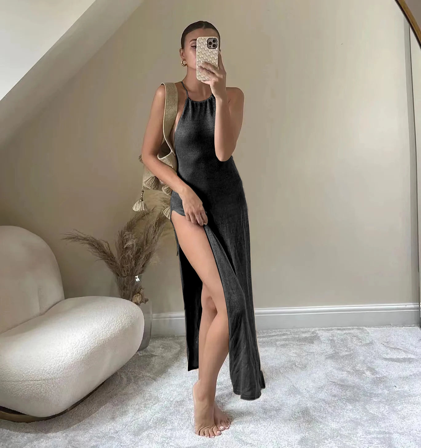 Vestido Cobertor de Playa Tejido - Cuello Halter con Abertura