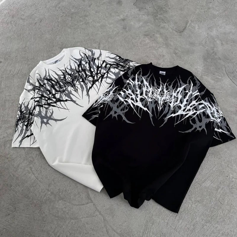 Camiseta Y2K Cyberpunk Gothic con Textura de Espinas - Algodón Puro Streetwear Hombre