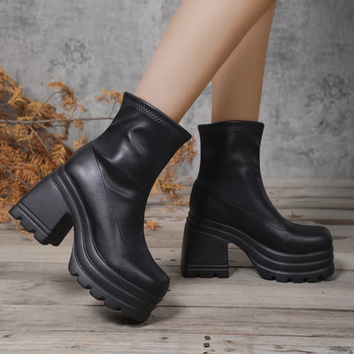 Botines Mujer Tacón Cuadrado Alto - Punta Cuadrada Cremallera Suela Gruesa