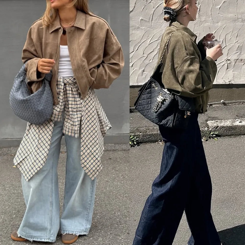 Chaqueta Suede Retro con Cremallera - Estilo Street Fashion Mujer