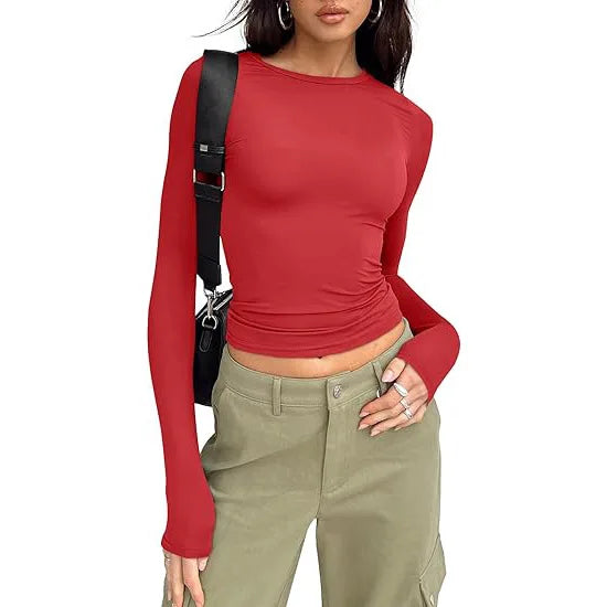 Camiseta Manga Larga Crop Top - Cuello Redondo Ajustada Streetwear Mujer