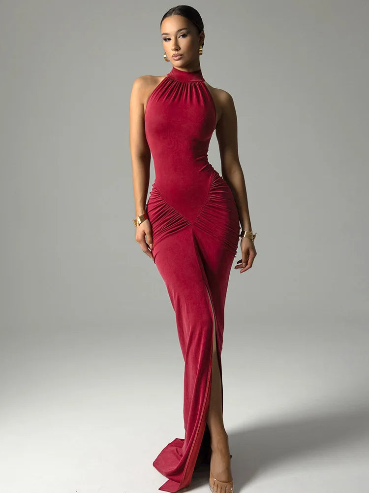 Mozision Halter Ruched Sleeveless Sexy Maxi Dress Women Gown Fashion Slim High Waist Evening Club Party Split Long Dress